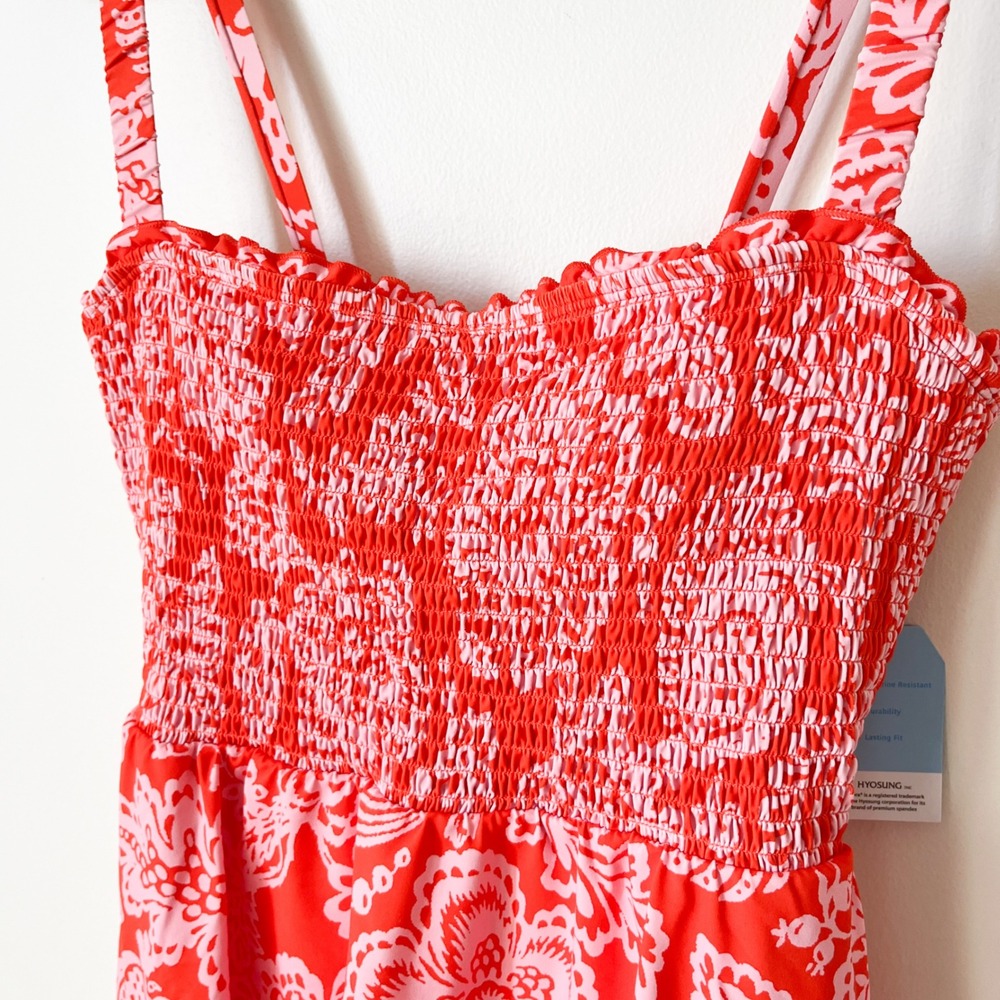 NEW Lands End Smocked Swimsuit Dress Orange Pink Floral Womens 10 - Picture 3 of 13